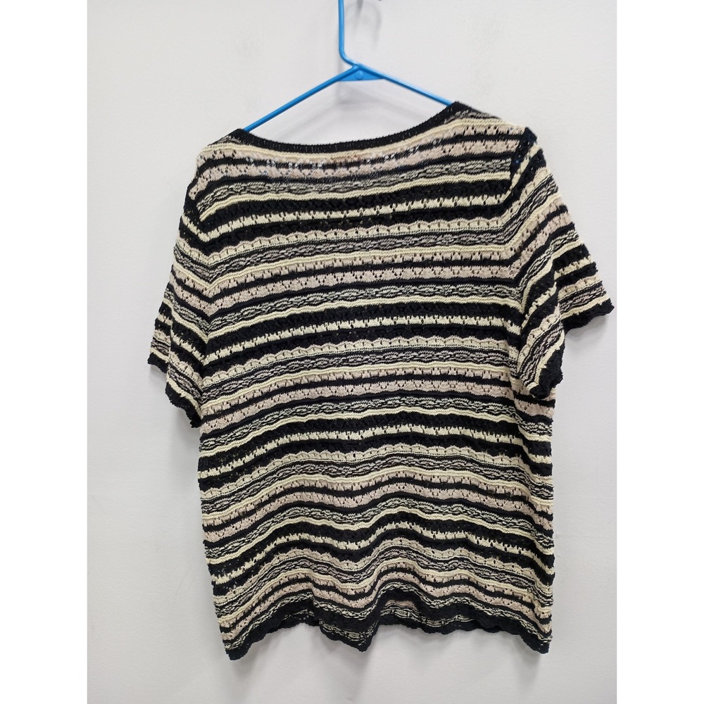 Belle Boho Kim Gravel Short Sleeve Crochet Top Women L Black Cream Striped Knit - Picture 11 of 11